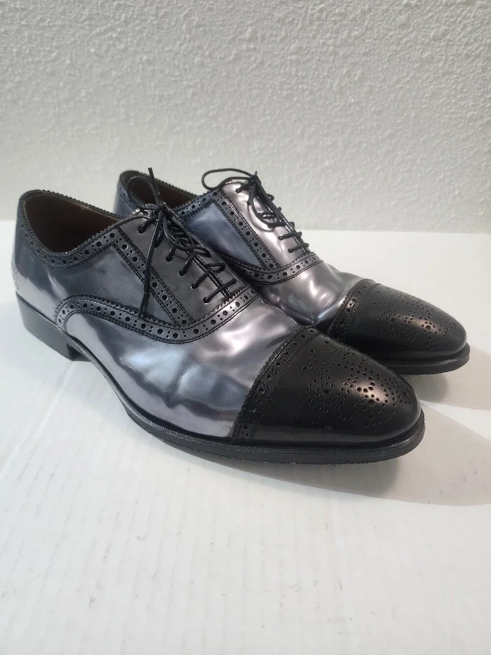 John Fluevog Brandenburg Metallic Black Leather Dress Brogue Oxford Shoes 11
